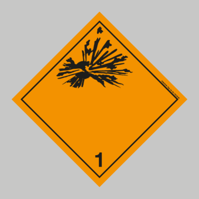 Utseende för farligt gods etikett: Klass 1 Explosiva ämnen och föremål