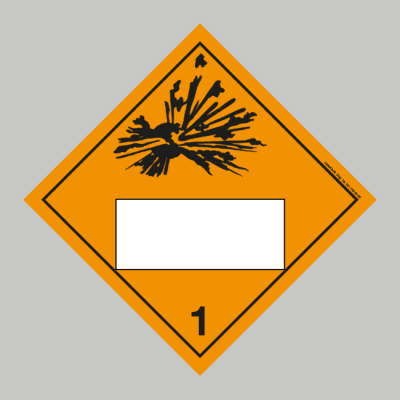 Farligt gods etikett: Klass 1 Explosiva ämnen och föremål vit ruta